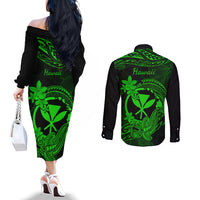 hawaii-couples-matching-off-the-shoulder-long-sleeve-dress-and-long-sleeve-button-shirts-hammerhead-shark-tattoo-mix-polynesian-plumeria-green-version