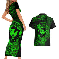 Hawaii Couples Matching Short Sleeve Bodycon Dress and Hawaiian Shirt Hammerhead Shark Tattoo Mix Polynesian Plumeria Green Version - Wonder Print Shop