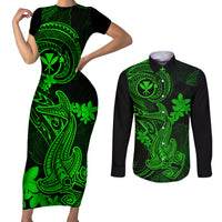 Hawaii Couples Matching Short Sleeve Bodycon Dress and Long Sleeve Button Shirts Hammerhead Shark Tattoo Mix Polynesian Plumeria Green Version - Wonder Print Shop