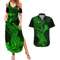 Hawaii Couples Matching Summer Maxi Dress and Hawaiian Shirt Hammerhead Shark Tattoo Mix Polynesian Plumeria Green Version - Wonder Print Shop