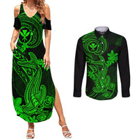 Hawaii Couples Matching Summer Maxi Dress and Long Sleeve Button Shirts Hammerhead Shark Tattoo Mix Polynesian Plumeria Green Version - Wonder Print Shop