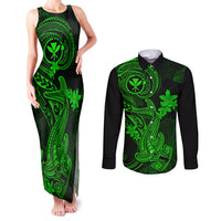 Hawaii Couples Matching Tank Maxi Dress and Long Sleeve Button Shirts Hammerhead Shark Tattoo Mix Polynesian Plumeria Green Version - Wonder Print Shop