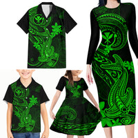 Hawaii Family Matching Long Sleeve Bodycon Dress and Hawaiian Shirt Hammerhead Shark Tattoo Mix Polynesian Plumeria Green Version - Wonder Print Shop