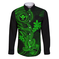 Hawaii Family Matching Long Sleeve Bodycon Dress and Hawaiian Shirt Hammerhead Shark Tattoo Mix Polynesian Plumeria Green Version - Wonder Print Shop