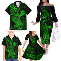 Hawaii Family Matching Off Shoulder Long Sleeve Dress and Hawaiian Shirt Hammerhead Shark Tattoo Mix Polynesian Plumeria Green Version - Wonder Print Shop