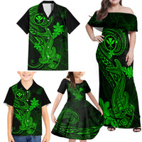 Hawaii Family Matching Off Shoulder Maxi Dress and Hawaiian Shirt Hammerhead Shark Tattoo Mix Polynesian Plumeria Green Version - Wonder Print Shop