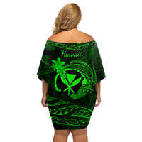 Hawaii Family Matching Off Shoulder Short Dress and Hawaiian Shirt Hammerhead Shark Tattoo Mix Polynesian Plumeria Green Version - Wonder Print Shop