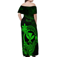 Hawaii Off Shoulder Maxi Dress Hammerhead Shark Tattoo Mix Polynesian Plumeria Green Version - Wonder Print Shop