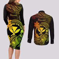Hawaii Couples Matching Long Sleeve Bodycon Dress and Long Sleeve Button Shirts Turtle Mix Polynesian Plumeria Reggae Version - Wonder Print Shop