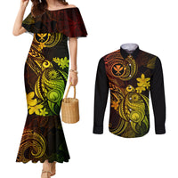 hawaii-couples-matching-mermaid-dress-and-long-sleeve-button-shirts-turtle-mix-polynesian-plumeria-reggae-version