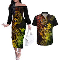 Hawaii Couples Matching Off The Shoulder Long Sleeve Dress and Hawaiian Shirt Turtle Mix Polynesian Plumeria Reggae Version - Wonder Print Shop