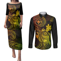 Hawaii Couples Matching Puletasi Dress and Long Sleeve Button Shirts Turtle Mix Polynesian Plumeria Reggae Version - Wonder Print Shop