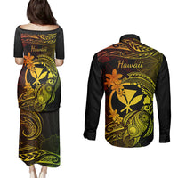 Hawaii Couples Matching Puletasi Dress and Long Sleeve Button Shirts Turtle Mix Polynesian Plumeria Reggae Version - Wonder Print Shop