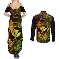 Hawaii Couples Matching Summer Maxi Dress and Long Sleeve Button Shirts Turtle Mix Polynesian Plumeria Reggae Version - Wonder Print Shop
