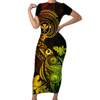 Hawaii Short Sleeve Bodycon Dress Turtle Mix Polynesian Plumeria Reggae Version - Wonder Print Shop