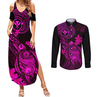 Hawaii Couples Matching Summer Maxi Dress and Long Sleeve Button Shirts Turtle Mix Polynesian Plumeria Pink Version - Wonder Print Shop