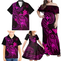 Hawaii Family Matching Off Shoulder Maxi Dress and Hawaiian Shirt Turtle Mix Polynesian Plumeria Pink Version - Wonder Print Shop