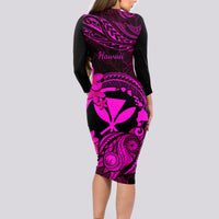 Hawaii Long Sleeve Bodycon Dress Turtle Mix Polynesian Plumeria Pink Version - Wonder Print Shop
