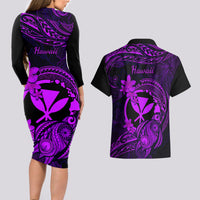 Hawaii Couples Matching Long Sleeve Bodycon Dress and Hawaiian Shirt Turtle Mix Polynesian Plumeria Purple Version - Wonder Print Shop