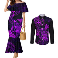 hawaii-couples-matching-mermaid-dress-and-long-sleeve-button-shirts-turtle-mix-polynesian-plumeria-purple-version