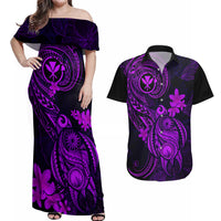 Hawaii Couples Matching Off Shoulder Maxi Dress and Hawaiian Shirt Turtle Mix Polynesian Plumeria Purple Version - Wonder Print Shop