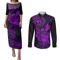Hawaii Couples Matching Puletasi Dress and Long Sleeve Button Shirts Turtle Mix Polynesian Plumeria Purple Version - Wonder Print Shop