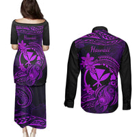 Hawaii Couples Matching Puletasi Dress and Long Sleeve Button Shirts Turtle Mix Polynesian Plumeria Purple Version - Wonder Print Shop