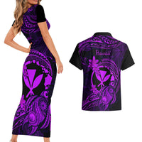 Hawaii Couples Matching Short Sleeve Bodycon Dress and Hawaiian Shirt Turtle Mix Polynesian Plumeria Purple Version - Wonder Print Shop