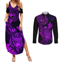 Hawaii Couples Matching Summer Maxi Dress and Long Sleeve Button Shirts Turtle Mix Polynesian Plumeria Purple Version - Wonder Print Shop