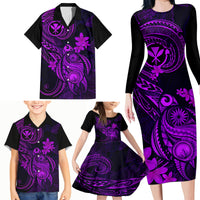 Hawaii Family Matching Long Sleeve Bodycon Dress and Hawaiian Shirt Turtle Mix Polynesian Plumeria Purple Version - Wonder Print Shop
