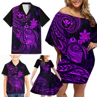 Hawaii Family Matching Off Shoulder Short Dress and Hawaiian Shirt Turtle Mix Polynesian Plumeria Purple Version - Wonder Print Shop