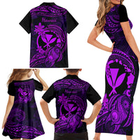 Hawaii Family Matching Short Sleeve Bodycon Dress and Hawaiian Shirt Turtle Mix Polynesian Plumeria Purple Version - Wonder Print Shop