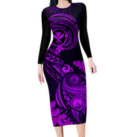 Hawaii Long Sleeve Bodycon Dress Turtle Mix Polynesian Plumeria Purple Version - Wonder Print Shop