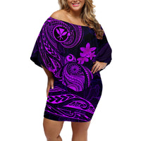 Hawaii Off Shoulder Short Dress Turtle Mix Polynesian Plumeria Purple Version - Wonder Print Shop