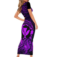 Hawaii Short Sleeve Bodycon Dress Turtle Mix Polynesian Plumeria Purple Version - Wonder Print Shop