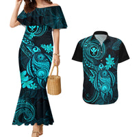 Hawaii Couples Matching Mermaid Dress and Hawaiian Shirt Turtle Mix Polynesian Plumeria Turquoise Version - Wonder Print Shop