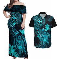 Hawaii Couples Matching Off Shoulder Maxi Dress and Hawaiian Shirt Turtle Mix Polynesian Plumeria Turquoise Version - Wonder Print Shop