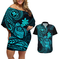 Hawaii Couples Matching Off Shoulder Short Dress and Hawaiian Shirt Turtle Mix Polynesian Plumeria Turquoise Version - Wonder Print Shop