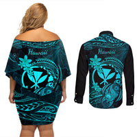 Hawaii Couples Matching Off Shoulder Short Dress and Long Sleeve Button Shirts Turtle Mix Polynesian Plumeria Turquoise Version - Wonder Print Shop