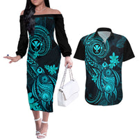 Hawaii Couples Matching Off The Shoulder Long Sleeve Dress and Hawaiian Shirt Turtle Mix Polynesian Plumeria Turquoise Version - Wonder Print Shop