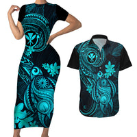 Hawaii Couples Matching Short Sleeve Bodycon Dress and Hawaiian Shirt Turtle Mix Polynesian Plumeria Turquoise Version - Wonder Print Shop