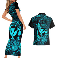 Hawaii Couples Matching Short Sleeve Bodycon Dress and Hawaiian Shirt Turtle Mix Polynesian Plumeria Turquoise Version - Wonder Print Shop