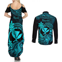 Hawaii Couples Matching Summer Maxi Dress and Long Sleeve Button Shirts Turtle Mix Polynesian Plumeria Turquoise Version - Wonder Print Shop