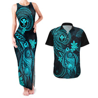 Hawaii Couples Matching Tank Maxi Dress and Hawaiian Shirt Turtle Mix Polynesian Plumeria Turquoise Version - Wonder Print Shop