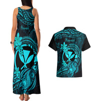 Hawaii Couples Matching Tank Maxi Dress and Hawaiian Shirt Turtle Mix Polynesian Plumeria Turquoise Version - Wonder Print Shop