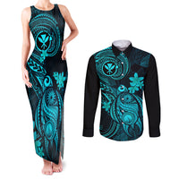 Hawaii Couples Matching Tank Maxi Dress and Long Sleeve Button Shirts Turtle Mix Polynesian Plumeria Turquoise Version - Wonder Print Shop