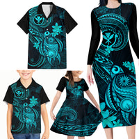 Hawaii Family Matching Long Sleeve Bodycon Dress and Hawaiian Shirt Turtle Mix Polynesian Plumeria Turquoise Version - Wonder Print Shop