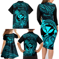 Hawaii Family Matching Long Sleeve Bodycon Dress and Hawaiian Shirt Turtle Mix Polynesian Plumeria Turquoise Version - Wonder Print Shop