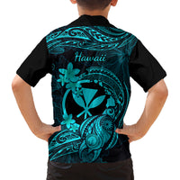 Hawaii Family Matching Off Shoulder Long Sleeve Dress and Hawaiian Shirt Turtle Mix Polynesian Plumeria Turquoise Version - Wonder Print Shop