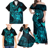 Hawaii Family Matching Off Shoulder Maxi Dress and Hawaiian Shirt Turtle Mix Polynesian Plumeria Turquoise Version - Wonder Print Shop